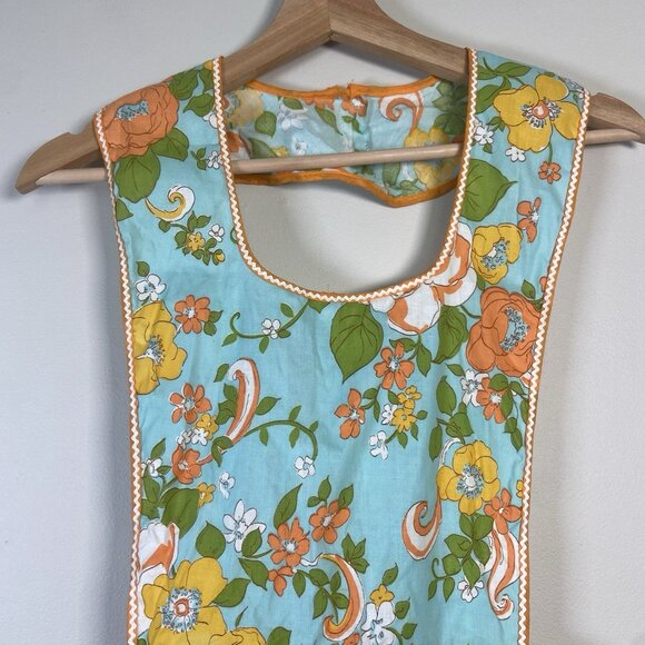 Vtg Fruit Of The Loom Bib Floral Apron Rick Rack Pockets NWT Retro Teal Orange - Picture 3 of 8
